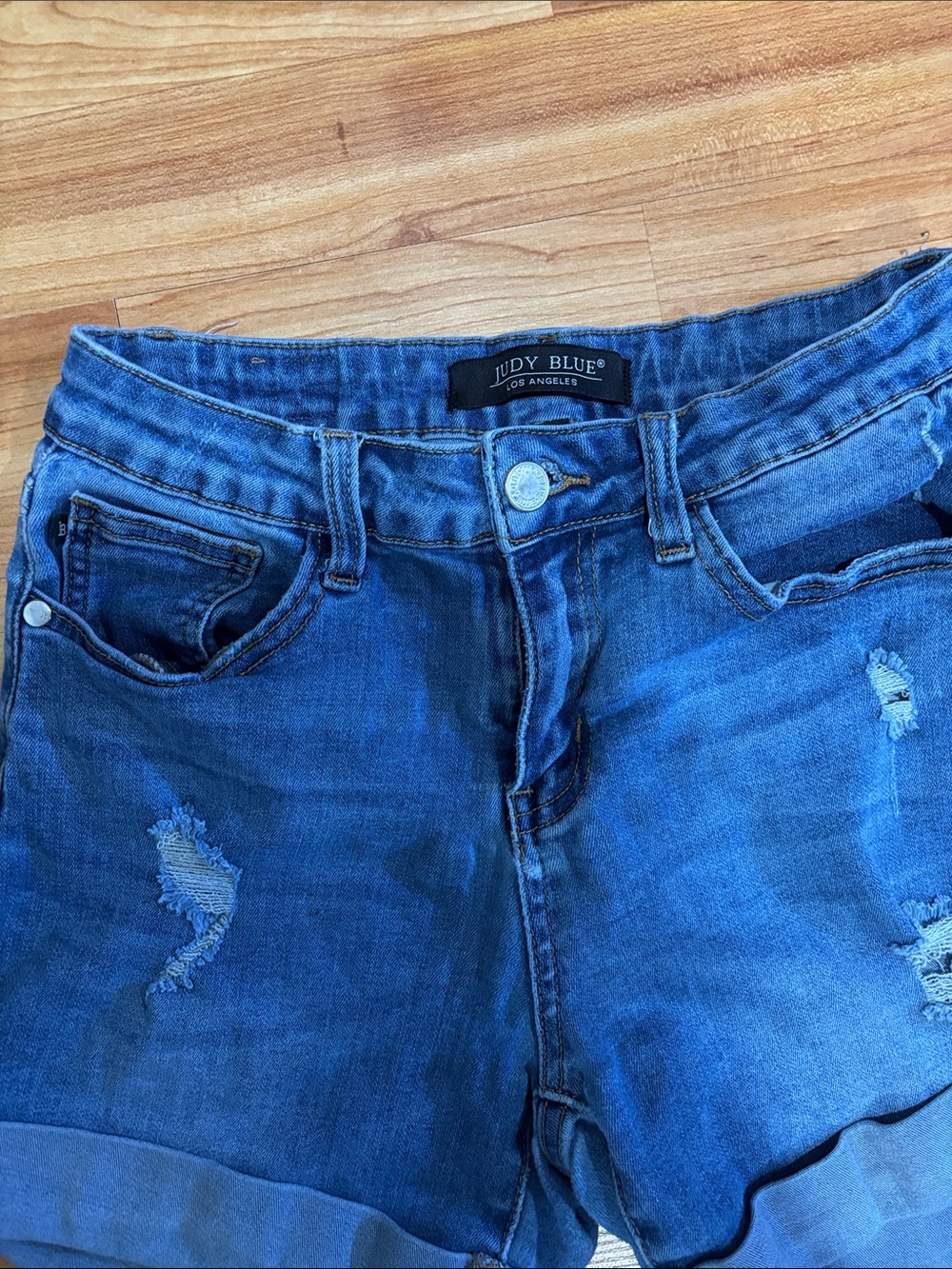Judy Blue Distressed Rolled-Hem Denim Shorts - Blue - Picture 2 of 5
